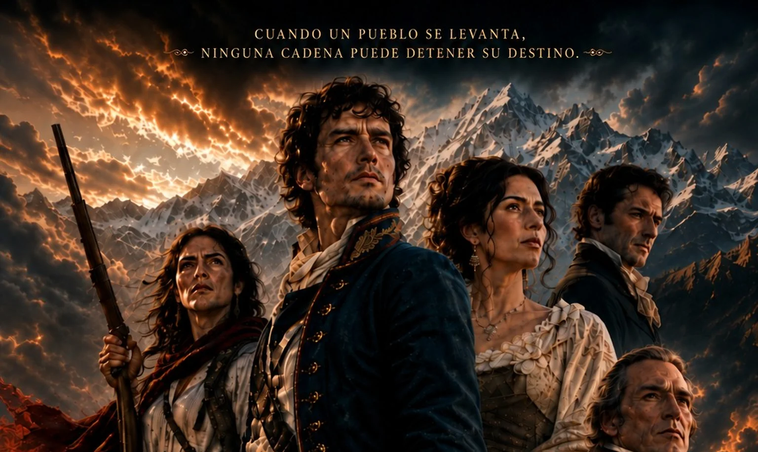Personajes y cordillera de los Andes en el póster original de Los Libres del Sur